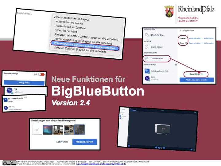 Neue Funktionen für <a href="/bigbluebutton/">BigBlueButton</a> seit 2022 für das #twlz in #rlpEDU. Meine Top 3: Virtueller Hintergrund, verringerter Mirror-Effekt und der neue "Layout-Modus" für TN! Nutzt Ihr auch schon Version 2.4? <a href="/pl_rlp/">Pädagogisches Landesinstitut Rheinland-Pfalz</a> @mmsrlp ⬇️Video und Präsentation ⬇️