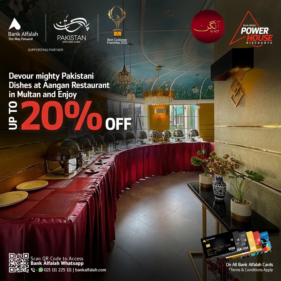 BankAlfalahPAK's tweet photo. Satisfy your Desi Food cravings at Aangan Restaurant in Multan and enjoy up to 20% off with Bank Alfalah Power House Discounts.
T&C Apply
For details, please visit https://t.co/5ogh2w1kBo or call us at 111-225-111
#BankAlfalah #TheWayForward #PowerHouseDiscounts #BAFCards https://t.co/upK6fw9Y5T