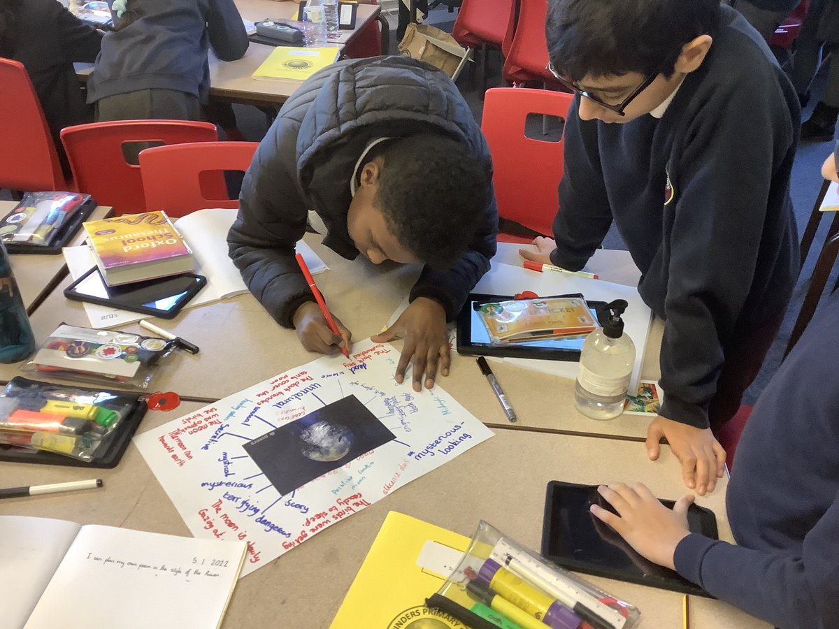 PindersPrimary's tweet photo. In year 6, we have been working as a team to create a word bank of spooky adjectives, noun phrases and personification to use in our poetry work inspired by Edgar Allan Poe’s ‘The Raven’. #PPWriting #PPPoetryweek https://t.co/18TC0Ptntr