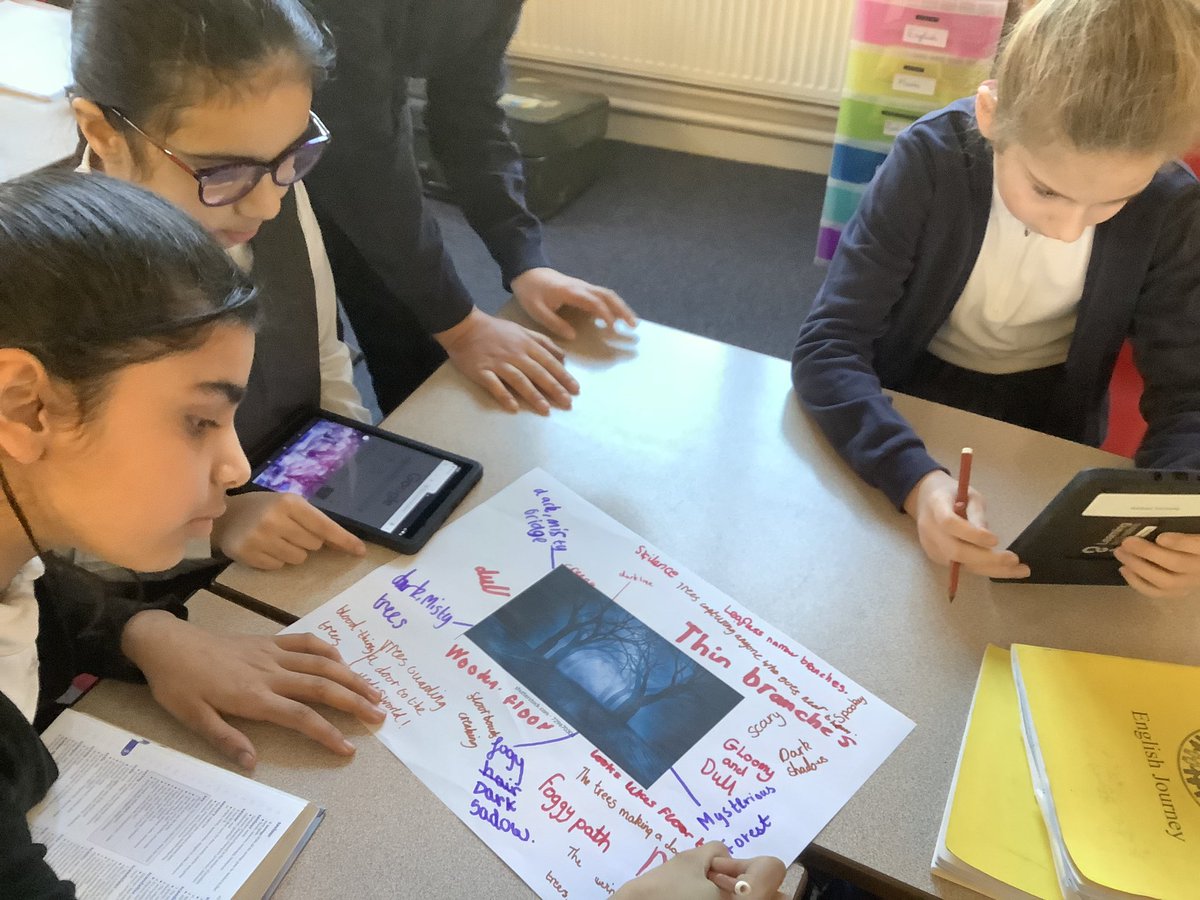 PindersPrimary's tweet photo. In year 6, we have been working as a team to create a word bank of spooky adjectives, noun phrases and personification to use in our poetry work inspired by Edgar Allan Poe’s ‘The Raven’. #PPWriting #PPPoetryweek https://t.co/18TC0Ptntr