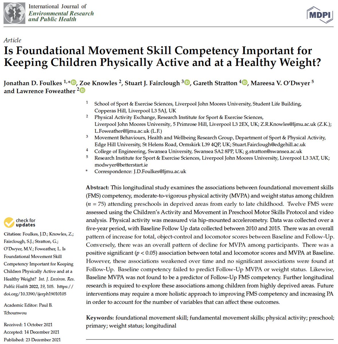 LozFo's tweet photo. NEW RESEARCH! 5 yr longitudinal associations btw movement competence, physical activity, BMI among a small sample of children from deprived areas

Nice to finally get this study out from Jon Foulkes' PhD; probably the last research from Active Play project!https://t.co/obaSbenRpd https://t.co/wlOcM4eust