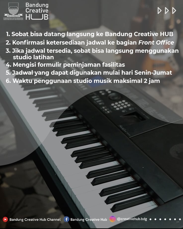 DisbudparBdg's tweet photo. Wargi, siapa nih yang udah punya rencana menggunakan fasilitas studio latihan musik @creativehub_bdg ?🤔

Yuk, simak postingan berikut ini untuk mengetahui prosedur penggunaan studio latihan musik. 

#BandungCreativeHub #AyoKeBCH #StudioMusik #Musik https://t.co/cxq102LAkC