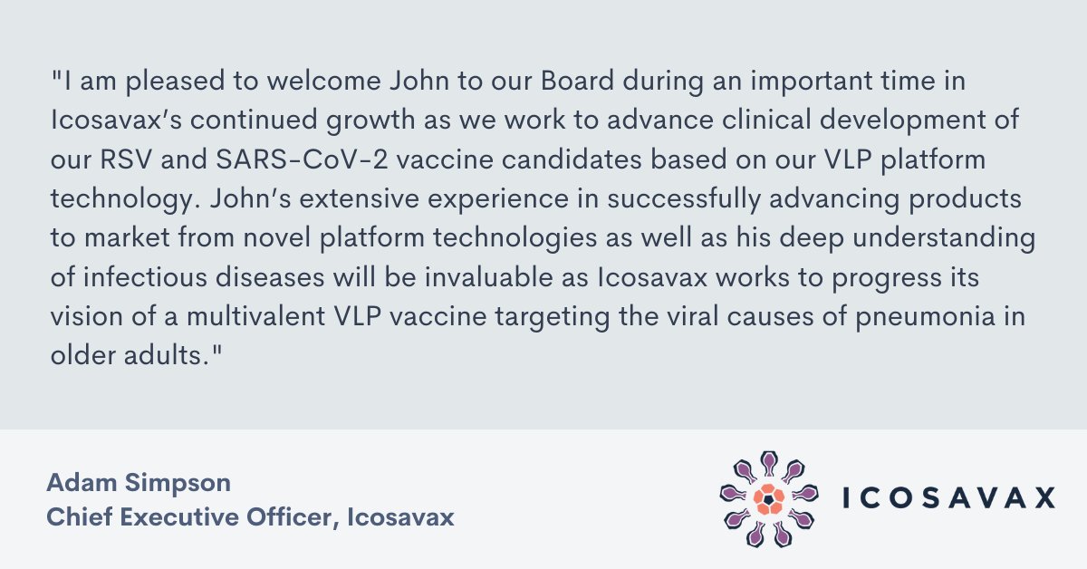 Today we welcome John Shiver, Ph.D. to our Board of Directors. Dr. Shiver has more than 30 years of experience in #vaccine and pharmaceutical R&D and joins as we advance our #RSV and #COVID19 vaccine candidates in #clinicaltrials. investors.icosavax.com/news-releases/… #biotech #Seattle $ICVX