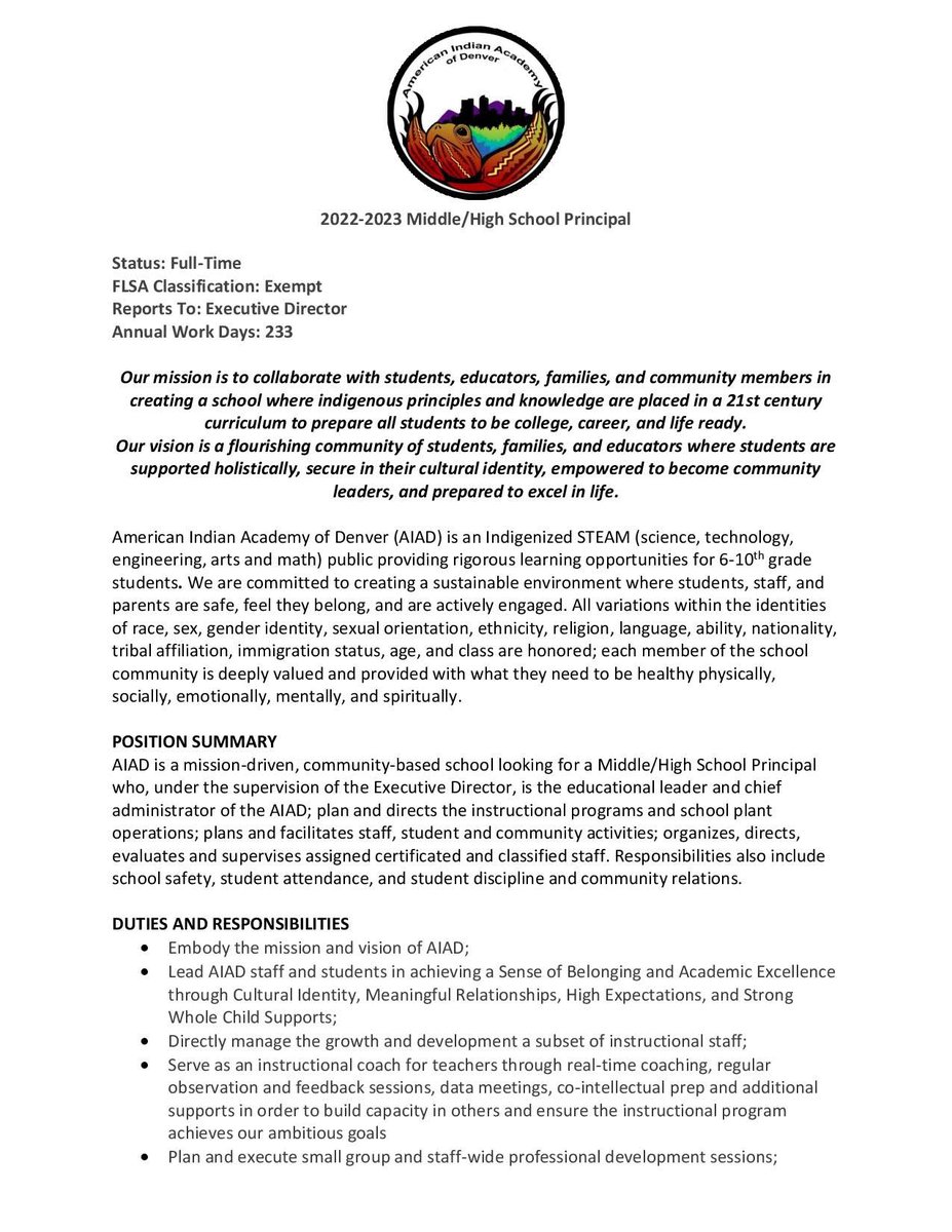 NISN sister school, American Indian Academy of Denver is seeking a Middle/High School Principal. Join the movement! Visit aiadschool.org for more information and inquiries. #NISN #IndigenousExcellence #IndigenousEducation #AIAD