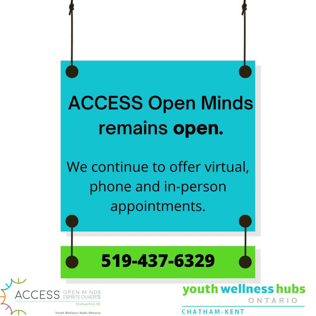 ACCESS Open Minds Chatham-Kent remains OPEN to help meet the needs of youth in our community. 

If you need support, please reach out for help. 
📞 : 519-437-6329
💻 : info@accessopenmindsck.ca