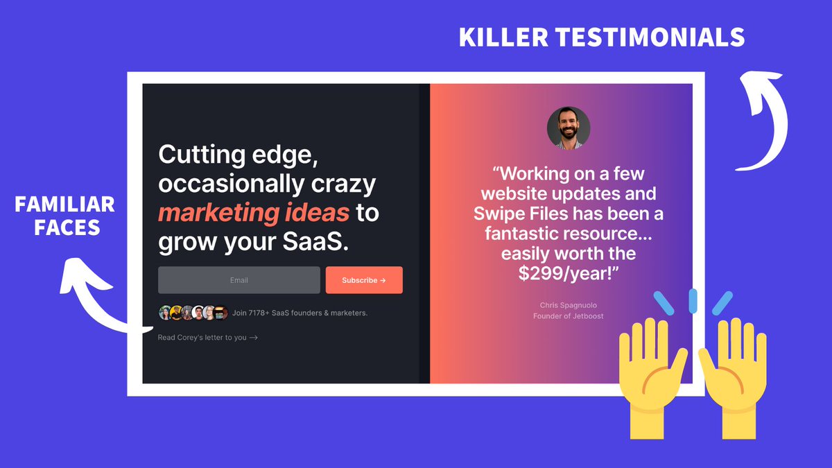12/ SOCIAL PROOFWe're more trusting of stuff that other people already trustThat’s why smart marketers like  @coreyhainesco pepper their newsletter signup pages with glowing testimonials and headshots of well-known marketersThe lesson? Let others sell for you