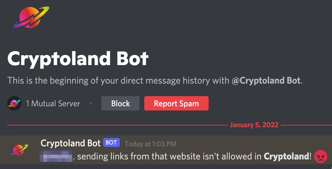 A Discord message from "Cryptoland Bot":  sending links from that website isn't allowed in Cryptoland! [rage emoji]