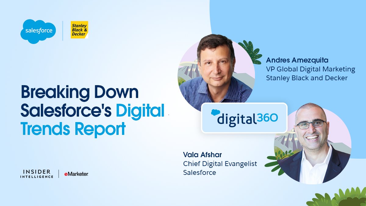 What's shaping the future of digital? We're breaking down the latest trends with <a href="/ValaAfshar/">Vala Afshar</a>, <a href="/salesforce/">Salesforce</a> Chief Digital Evangelist, and <a href="/StanleyBlkDeckr/">Stanley Black & Decker</a>.

Register and tune in on Monday, January 10: on.emarketer.com/Webinar-202201…