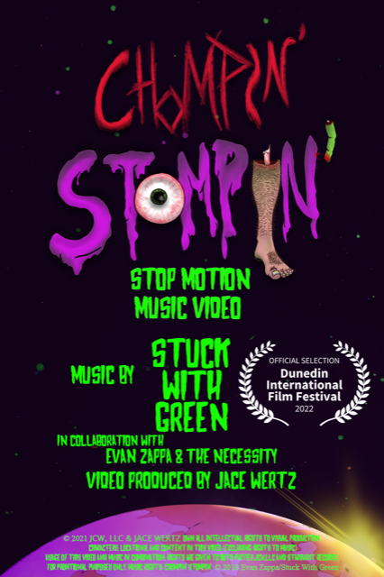 CHOMPIN STOMPIN
SAT, January 15 @dunedinhob  7:30pm - block of short films 

Full stop motion music video
Produced by <a href="/JaceWertz/">Jace Wertz</a> @starburst