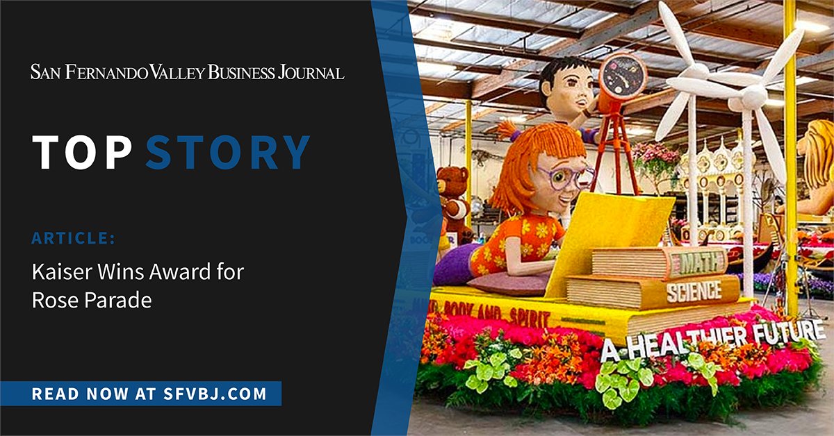 SFVBJ's tweet image. Kaiser Permanente’s 2022 Rose Parade float, “A Healthier Future,” won the Theme Award for most outstanding presentation of the Rose Parade Theme in the 133rd installment of the event. Read more at bit.ly/3sUUCDn 

#RoseParade #KaiserPermanente #ParadeFloat #BusinessNews