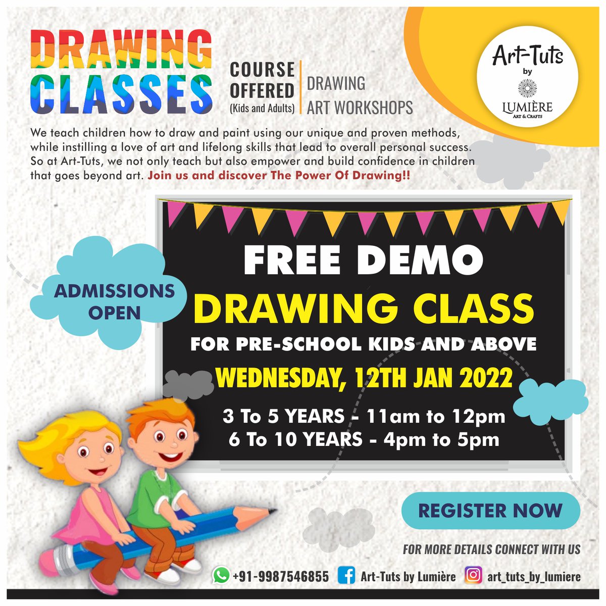 To Register for Demo Drawing Class, please submit this form forms.gle/RYDB11PmKA2sFr…

.

.

For any other queries please connect with us on Whatsapp 91-9987546855 

.

.

wa.me/919987546855

#FreeDemoClass #FreeDemo #kids #drawing #kidsdrawing #kidsdrawingclass #artclass