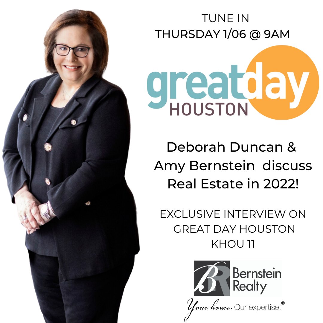 BernsteinRealty's tweet photo. Tune in tomorrow at 9am to @GreatDayHouston on @khou11 to see our very own Owner/Broker Amy Bernstein @abernstein1 speak with @deborahduncankhoutv about Real Estate in 2022! 🏡📺 https://t.co/pkOyEwFZzd