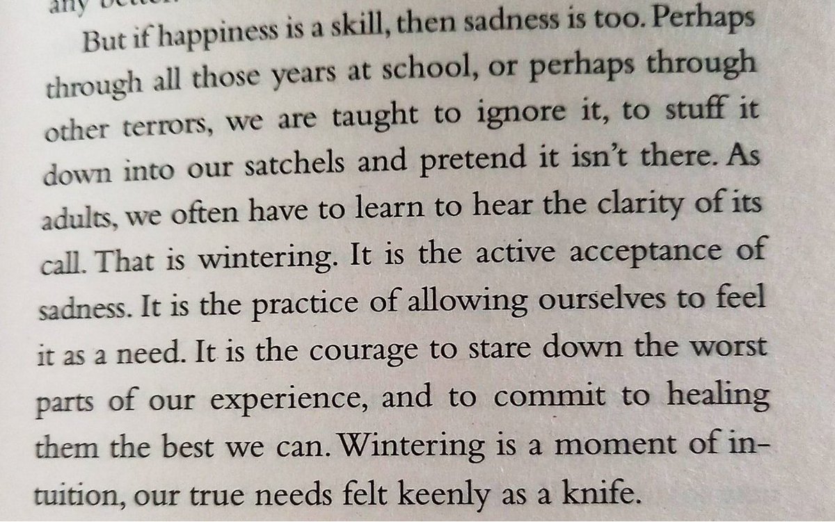 suzannezeedyk's tweet photo. 13. I quoted frm Katherine May's book 'Wintering', in which she talks abt SADNESS SKILLS. What a powerful, odd phrase. But that's exactly what our society needs right now: "We are taught to ignore sadness, to stuff it down in our satchels & pretend it isn't there." @Rider_Books https://t.co/Nd45DIMd1N