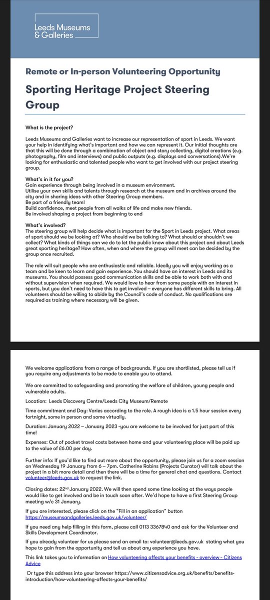 Do you live in Leeds? Has sport been important to you? Want to help shape a project around Leeds sporting heritage?  

We're looking for volunteers to join a project steering group. 

(Also if you have thoughts but don't want to/can't join the steering group, please still share!)