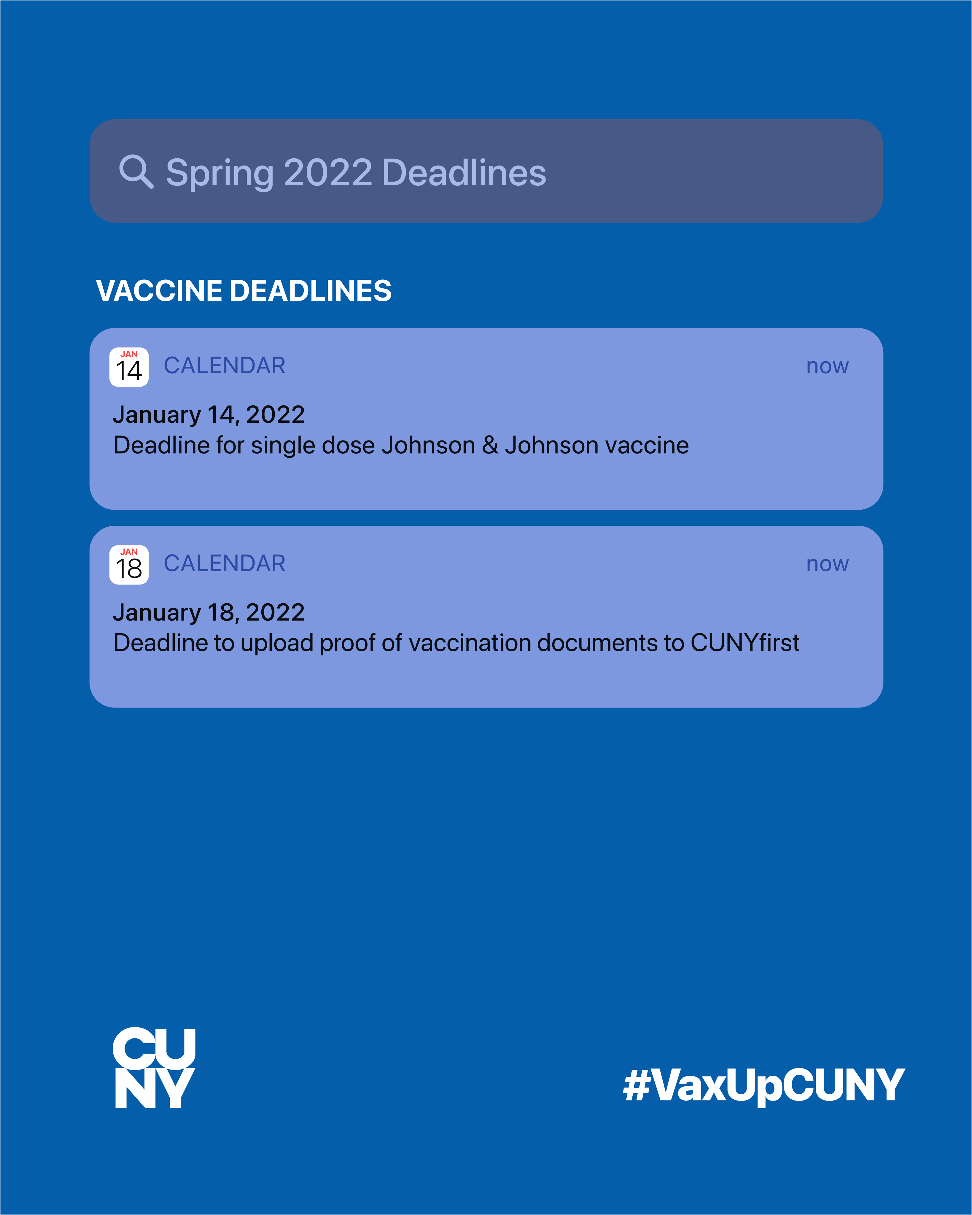 Cuny Spring 2022 Calendar The City University Of New York On Twitter: "Students Enrolled In Hybrid  And In-Person Classes Are Required To Be Vaccinated. 🗓️1/14: Deadline To  Get The Johnson & Johnson Vaccine 🗓️1/18: Deadline To