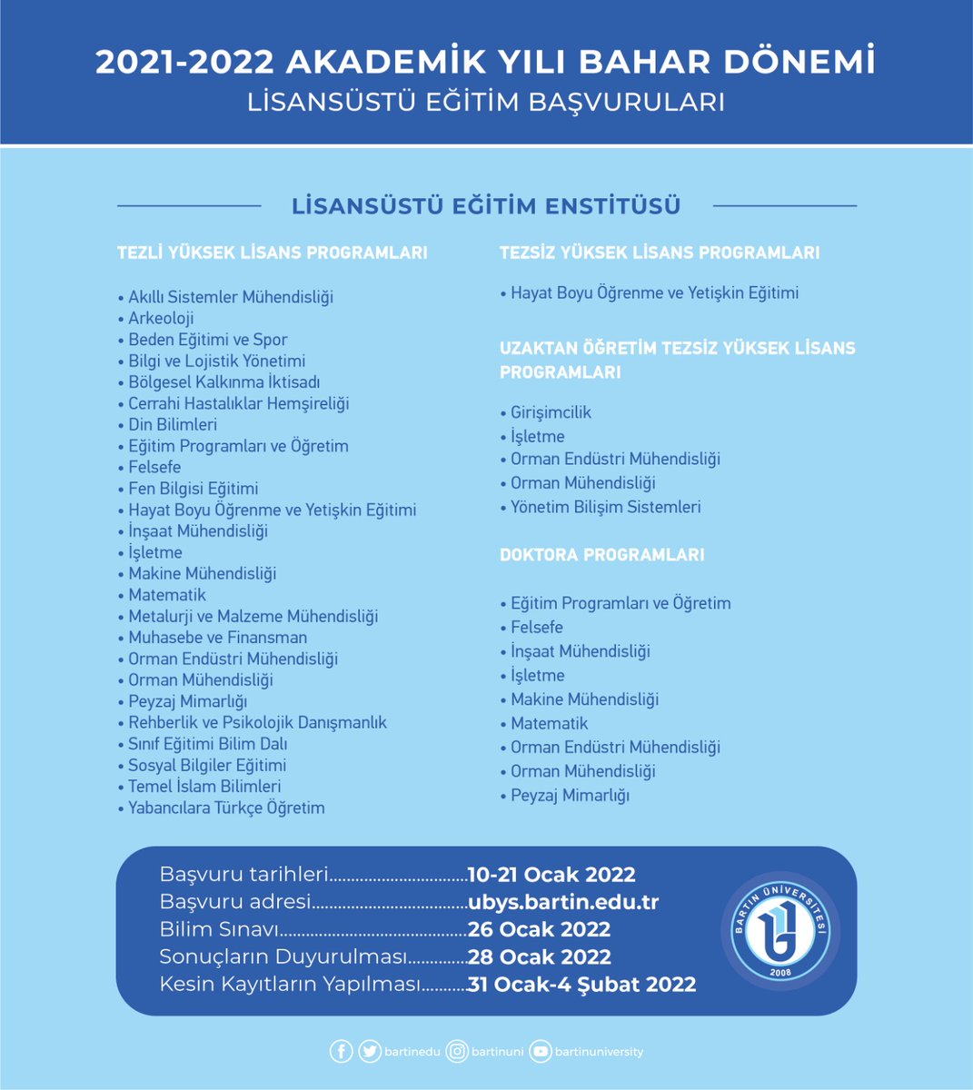 📚2021-2022 Akademik Yılı Bahar Yarıyılında lisansüstü programlara öğrenci alımı yapılacaktır. 🗓️Aday öğrenciler, 10-21 Ocak 2022 tarihleri arasında ubys.bartin.edu.tr adresinden başvuru yapabilir. 📢Detaylı bilgi için lisansustu.bartin.edu.tr/duyurular/2021… adresini ziyaret edebilirsiniz.