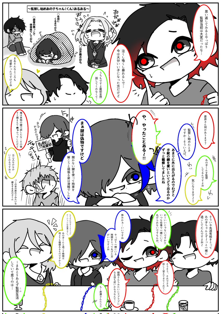 できた!!!なんか監禁・束縛系ヤンデレたちが集まってうちの子もといあの子ちゃん(くん)についてわいわい談笑してるとこが見たいという衝動だけで描いた漫画です↓
去年にどのヤンデレカップルが好みかというアンケート的なもので登場した子たちがわちゃわちゃしてますたのしそうだね😊