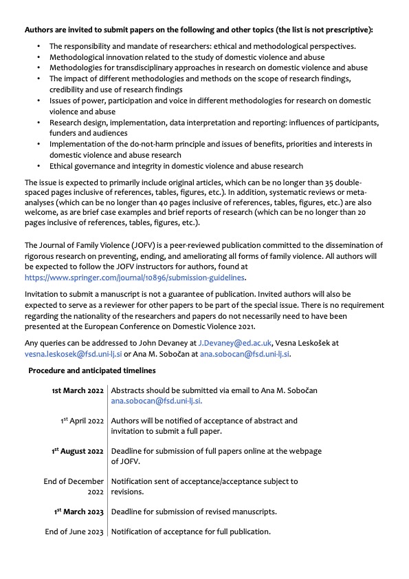 Thanks to the <a href="/ECDV2021/">ECDV_2021</a> leadership, we have a new call for a special issue on "Methodological &amp; Ethical Issues Related to the Study of Domestic Violence &amp; Abuse." Please consider submitting an abstract &amp; share this call with your networks🌟
.
