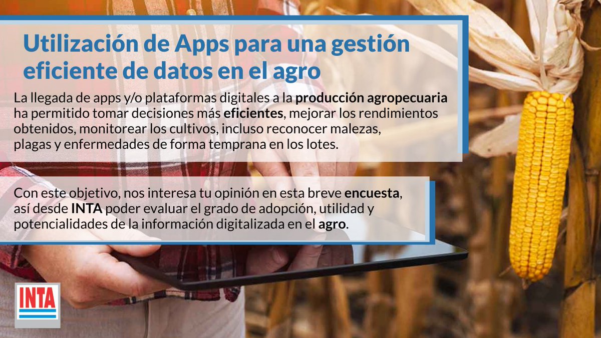 Con el objetivo de evaluar adopción, utilidad y potencialidades de las #apps y/o plataformas en el #agro, queremos conocer tu opinión en esta breve 📝 encuesta; así desde <a href="/intaargentina/">INTA</a> abordar demandas de interés en el desarrollo de estas #tecnologías

📲 forms.gle/PZPH83yqbLVN6Z…
