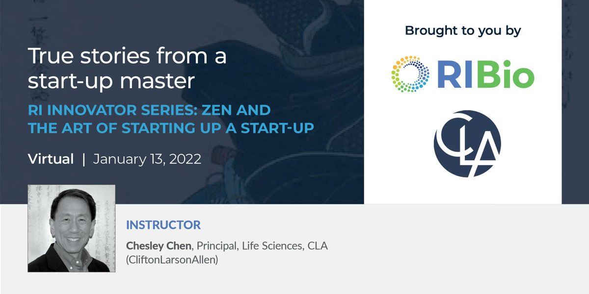 WeAreRIBio's tweet photo. Join us 1/13 for the next RI Innovators Series, Zen and the Art of Starting Up a Start-up with serial entrepreneur Chesley Chen. Register today! https://t.co/B3WXJjiohj #weareribio #helpingpatients #educatingrhodeislanders #buildingcommunity #embracingdiversity https://t.co/9OSPG4syUz