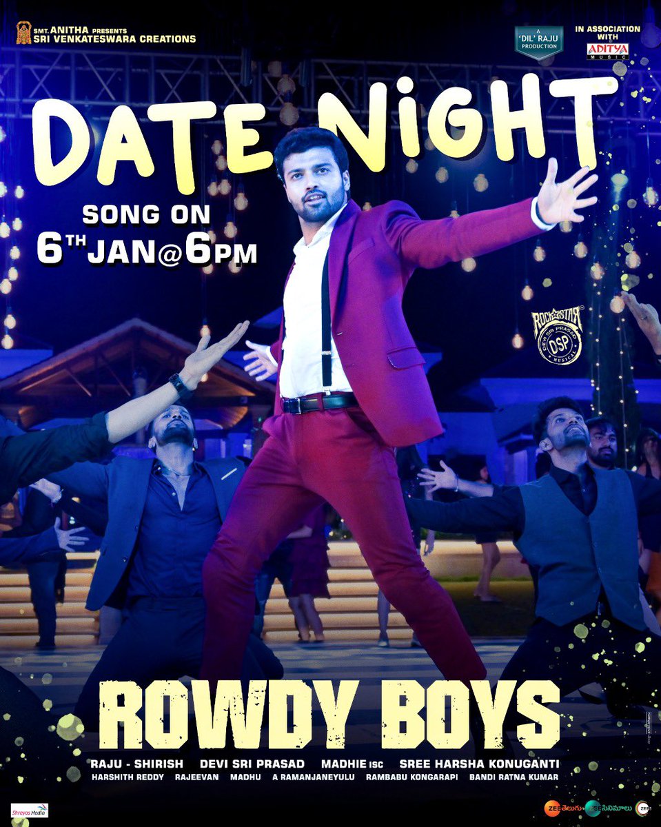 Get ready to dance to the tunes of Date Night from #RowdyBoys.

 Releasing on Jan 6th at 6 pm. 🎶

A Rockstar @ThisIsDSP Musical

#Ashish @anupamahere @HarshaKonuganti @Madhie1 @SVC_official @adityamusic #sahidevvikram #karthikrathnam #tejkurapati @komaleeprasad