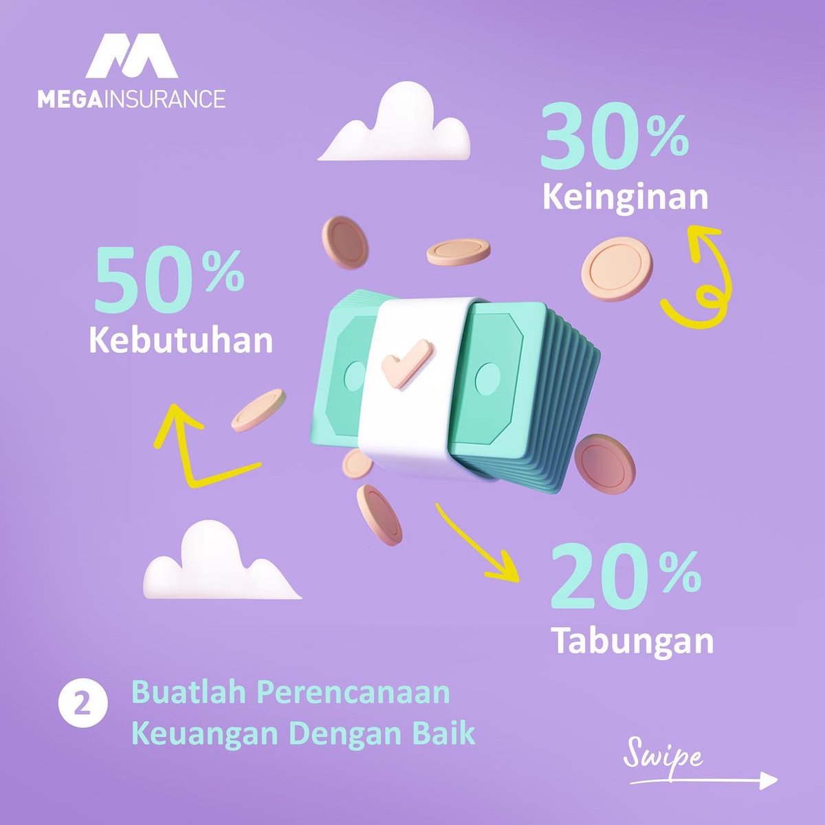 MEGAInsuranceID's tweet photo. Nah salah satu tips yang berguna juga untuk kalian yang bingung atur keuangan, jangan lupakan rumus ampuh ini 50:30:20

Alokasikan pendapatan kalian 50% untuk kebutuhan, 30% untuk self reward, dan 20% minimal untuk ditabung. https://t.co/AWxnewoNve