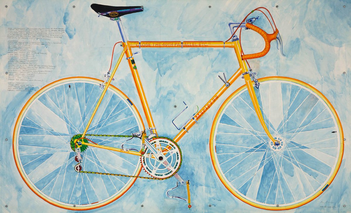 Today is Wednesday, but no ride tonight. We ride every two weeks - the next ride is Jan 12.

Instead, I invite you to meditate on Greg Curnoe's 'Mariposa 10 Speed No. 2', a life-size watercolor of the artist's custom, Canadian-built racing bike. aci-iac.ca/art-books/greg…