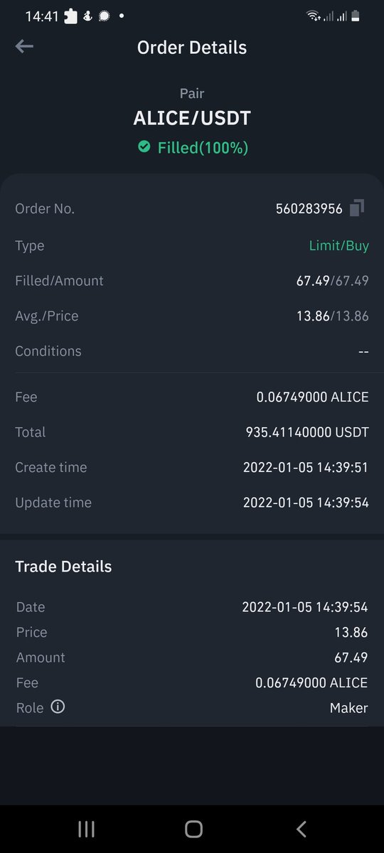 Bought 67.49 $Alice avg price 13.86