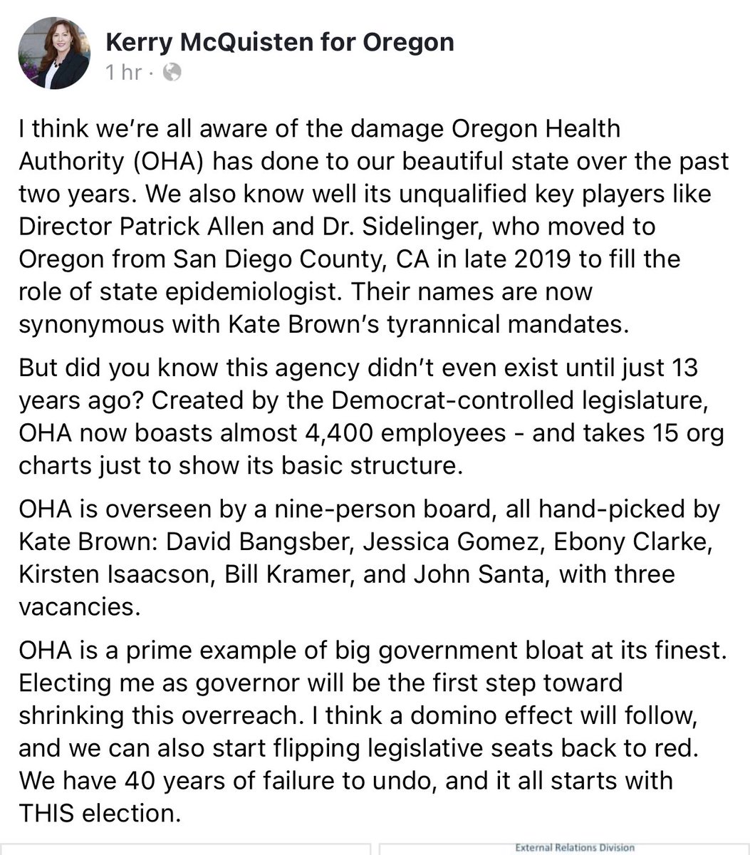 CoClarified's tweet photo. It’s no wonder @OHAOregon is going along with Brown and the Democrat agenda, she hired the board that runs OHA, many unqualified for their positions- most notably Dir. Pat Allen who’s an economist. The corruption runs deep in Oregon. Time to change that. #orpol https://t.co/EHL8WgOhW8
