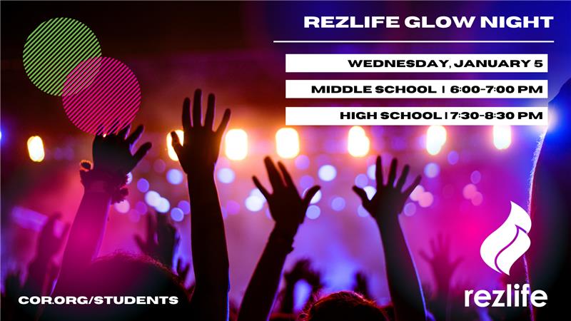 RezWest's tweet photo. Rezlife Youth Group is back this week, January 5th! We're kicking the year off with a special Glow Night. Wear neon colors, get ready to eat glow-in-the-dark snacks, and invite a friend for this fun evening! Check out https://t.co/JkQUavFpuI for more info https://t.co/g7vrDBF5dH