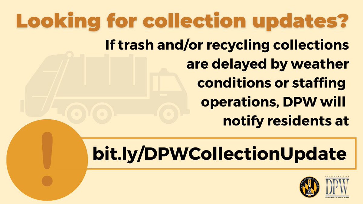 What a week of weather! ❄️
Wondering how trash 🗑  and recycling ♻️ pickup will be impacted in your neighborhood? Check out <a href="/BaltimoreDPW/">BaltimoreDPW</a>'s Collection Update Page:

publicworks.baltimorecity.gov/collectionupda…