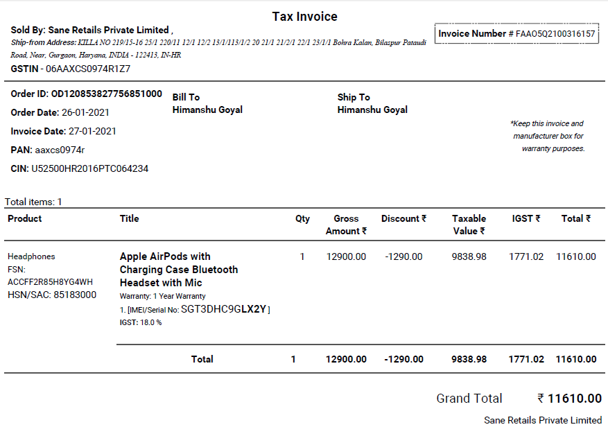 ansh_goyall's tweet photo. @Flipkart is selling @Apple products from unregistered sellers leading to problems in Warranty exercise. 

Seller shown on Flipkart website: TrueComRetail
Seller on Invoice: Sane Retail (Not Registered with Apple, hence no warranty)

@flipkartsupport https://t.co/I3NYjtAjJ4