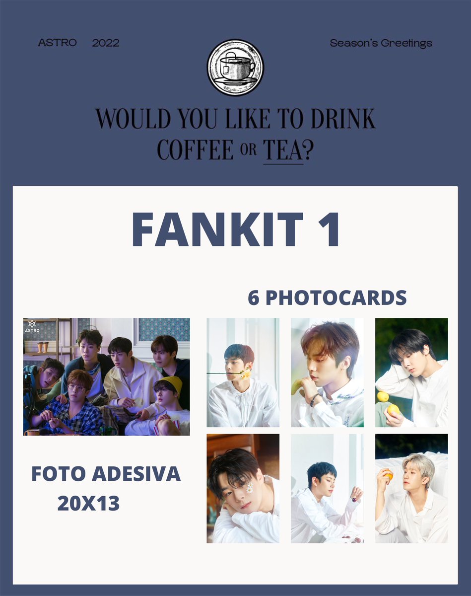 OttokajiStore's tweet photo. Astro - 2022 SEASON'S GREETINGS WOULD YOU LIKE TO DRINK COFFEE or TEA?
Fankit 1 ou 2 : R$16,00
1 Foto Adesiva 13x20
6 Postcards
6 Photocards (1 de cada membro)
https://t.co/RxIZiX76TE
#ASTRO #AROHA #SeasonsGreetings #COFFEorTEA https://t.co/UKnTi29Mo4
