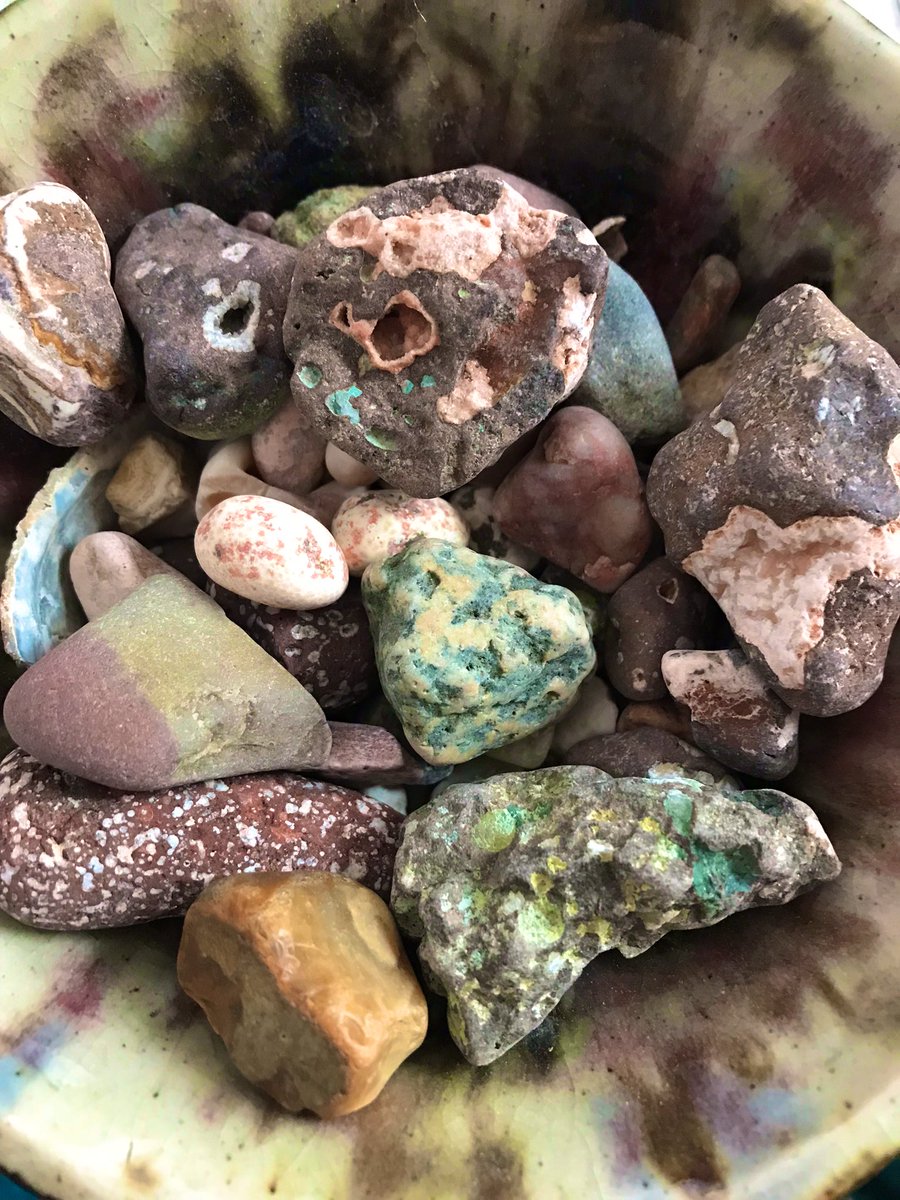 EvoEcoAmy's tweet image. One of my many rock collections (this sits in my home office). Bits of orangey crystals viable are mordenite