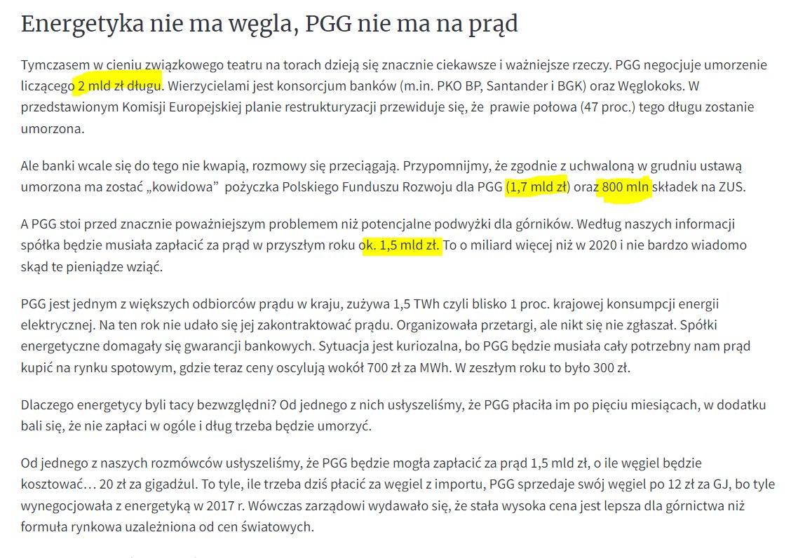 W cieniu rozmów o podwyżkach i premiach w #PGG toczą się negocjacje lub już są realizowane umorzenia kolejnych długów węglowej spółki na 4,5 mld zł i zaczyna się szukanie dodatkowego 1 mld zł na rachunki za prąd w koncernie wysokienapiecie.pl/43964-gornicze…