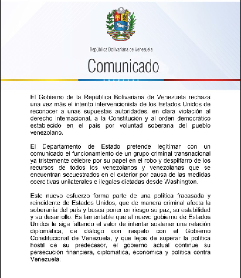plasenciafelixr's tweet photo. #Comunicado || Venezuela rechaza nuevo intento intervencionista por parte del gobierno de EEUU en clara violación al derecho internacional #05ENE https://t.co/FitwMeP60L
