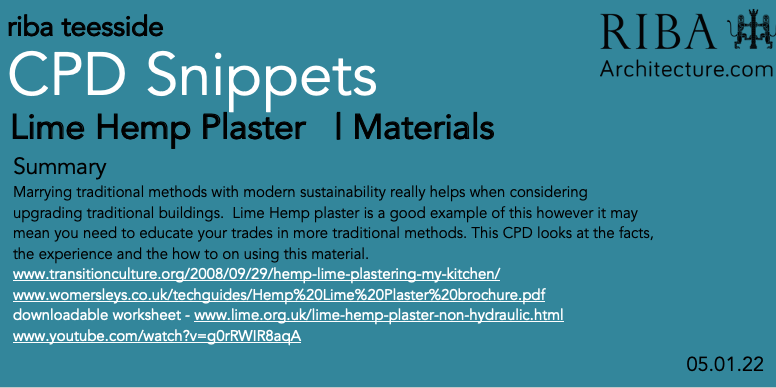 RibaTees's tweet photo. Welcome to #CPDSnippets for 2022
Starting the NY with #CPD follow up to a members question #limehempplaster @ssteadarchitect 
links https://t.co/rtbjhMpRdb
https://t.co/VyWIkNgAcf
https://t.co/gYuoPH4npu
https://t.co/r3mTr5YAvm
@RIBANorthEast @RIBAYorkshire @RIBA_YAPF @RIBA https://t.co/CzDm8d1rlN