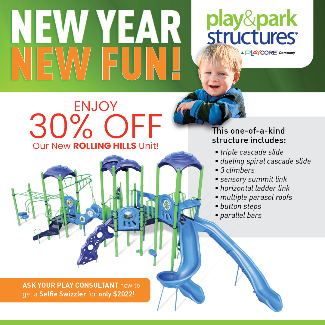 We're kicking off 2022 with Special Playground Savings! Play &amp; Park Structures is now offering 30% off our Rolling Hills structure now until April 1st. You’ll save thousands on a new playground and start the year off right. Use the link for more info

hubs.li/Q011xC0m0