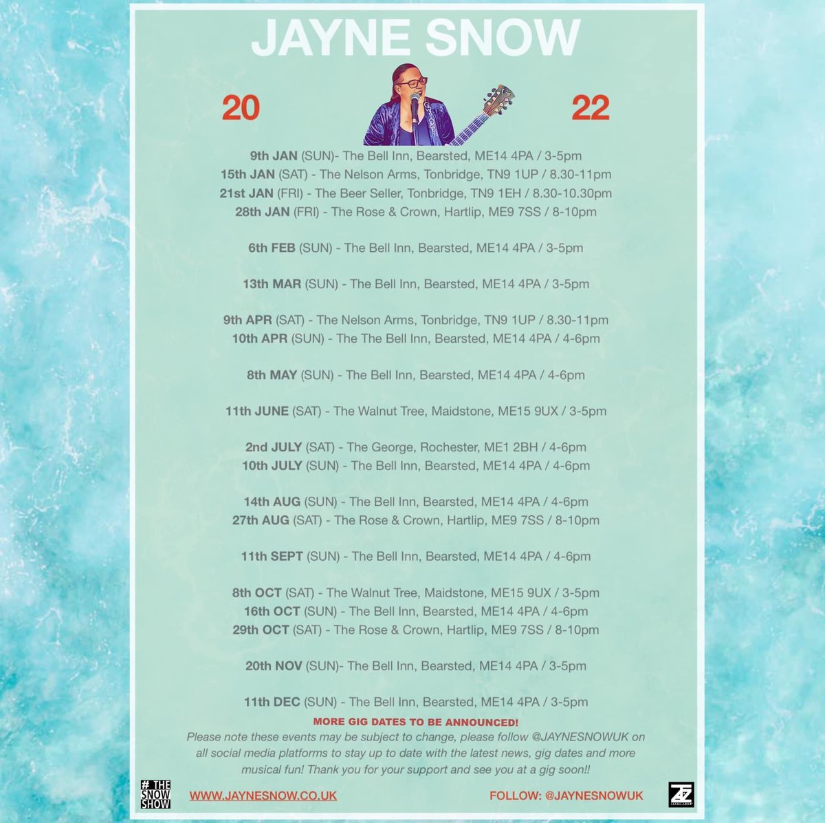 jaynesnowuk's tweet photo. 🐣 Early bird - Jayne Snow 2022 gig dates! Pop them in your diary! 🥳🙌🏻
More to be announced soon!
Have an amazing day! 😁🙌🏻 ☀️
#JayneSnow #GigDates #Gigs2022 #JayneSnowUk https://t.co/dtRPcp3XHF