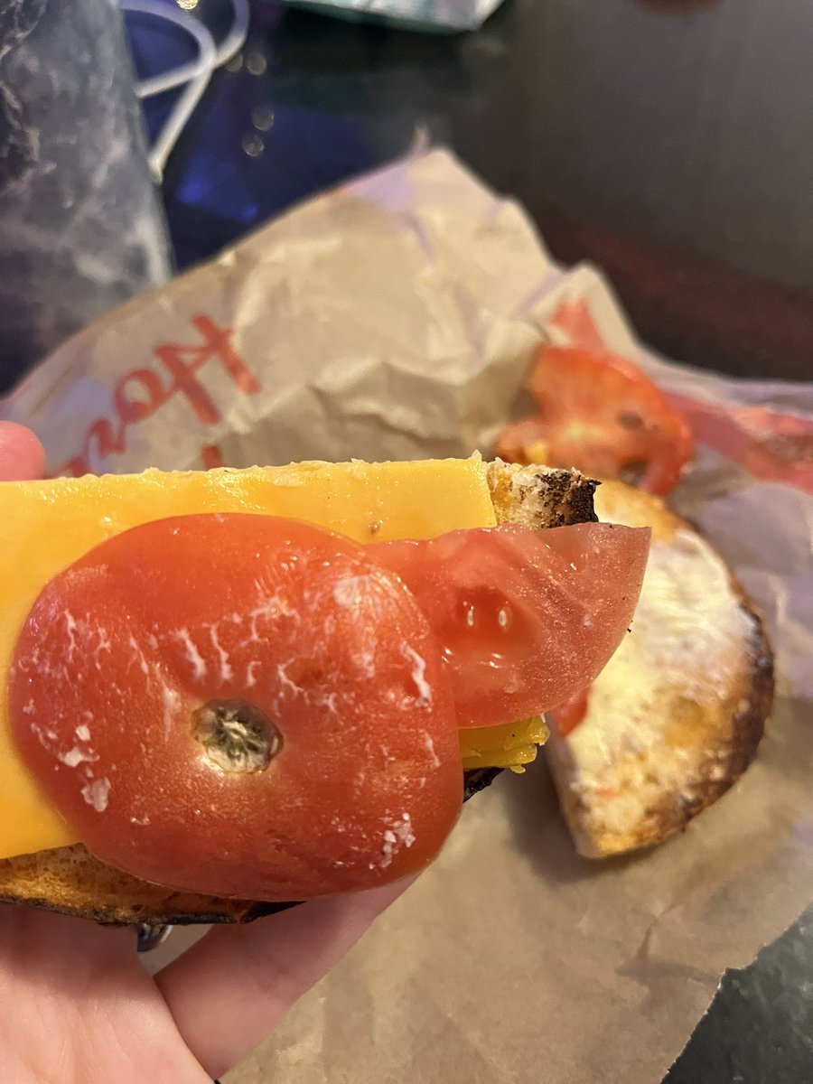 NatashaWpr's tweet photo. @TimHortons please don’t use these as “slices of tomato” 🤮 nasty. How I was lucky enough to get BOTH ends I’ll never know. https://t.co/04l1olBZRt