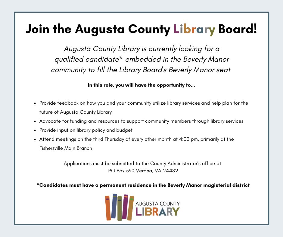 Join the Augusta County Library Board! ACL is currently looking for a qualified candidate to fill the Library Board's Beverly Manor seat. Visit our website at augustacountylibrary.org/join-the-libra… for more details about the position.