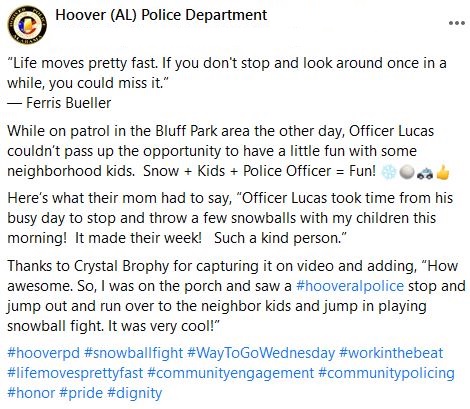 HooverPD's tweet photo. #snowballfight #WayToGoWednesday #workinthebeat #lifemovesprettyfast #communityengagement #communitypolicing #honor #pride #dignity https://t.co/pQ6vppwd7E