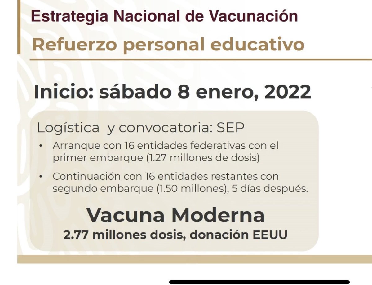 Los maestros, que recibieron una dosis de CanSino, ahora recibirán un refuerzo con vacuna de Moderna.
Me parece adecuado, acudan a recibir su refuerzo!!!