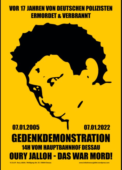 Am kommenden Freitag, den 07.01.22, findet die Gedenkfemo anlässlich des Jahrestages der Ermordung Oury Jallohs statt. Die Initiative in Gedenken an <a href="/OuryJalloh/">InitiativeOuryJalloh</a> organisiert gemeinsame Anreisen u.a. auch aus Berlin. 1/2