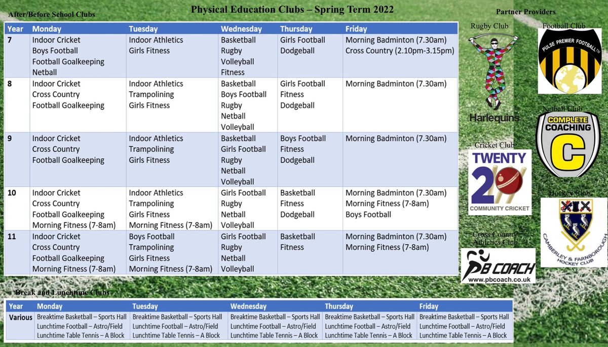 Check out our extra curricular timetable for this half term! If you have any questions please ask a member of staff in the PE department #fit4life #TeamPE #TomlinscotePE