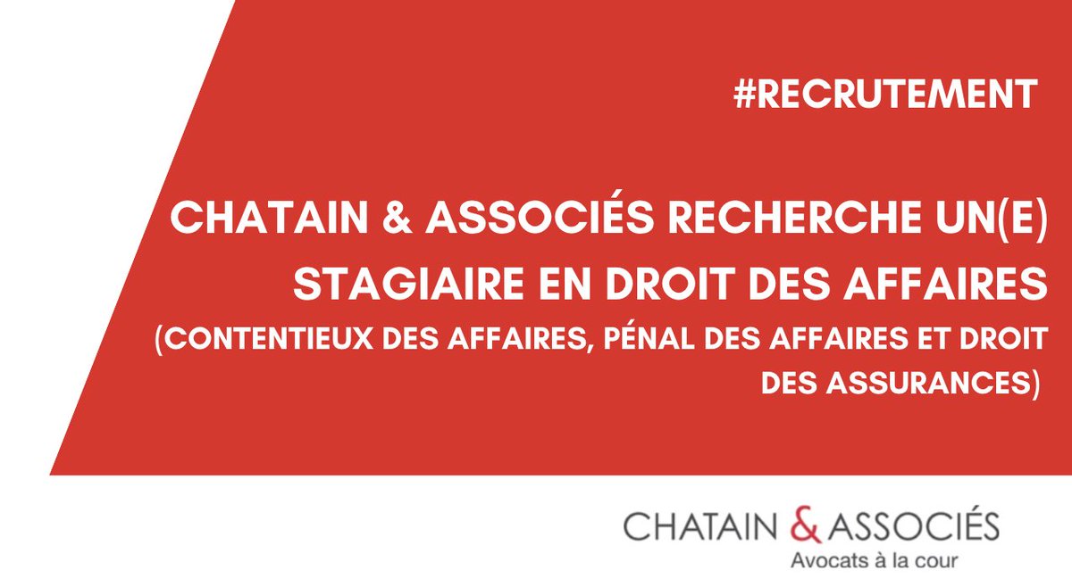 ChatainAssocies's tweet photo. #Stage - Le cabinet Chatain &amp; Associés recherche un(e) stagiaire pour la période juillet à décembre 2022 (4 à 6 mois) et pour janvier à juillet 2023 (6 mois de préférence). 
✅ Vous pouvez envoyer votre CV et lettre de motivation à gestion@chatainassocies.com.
#recrutement https://t.co/WMmOST2wOJ