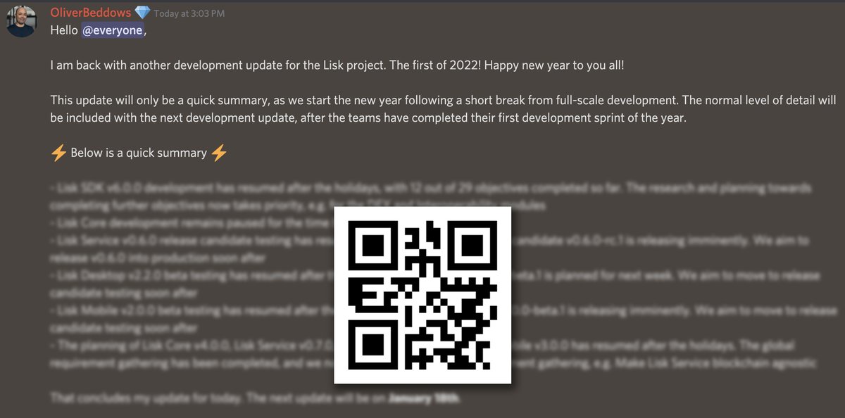 Lisk's tweet photo. Itโs time for the first Lisk Project Development Progress Update in 2022 ๐
๐ก We have a bunch of valuable dev insights provided by our CTO & Co-founder, Oliver Beddows.
๐ Check it on our discord at: https://t.co/zcFgPgcpqU (or scan the QR code).
#Lisk #LiskProject #LSK https://t.co/ZUOR8LUT2R