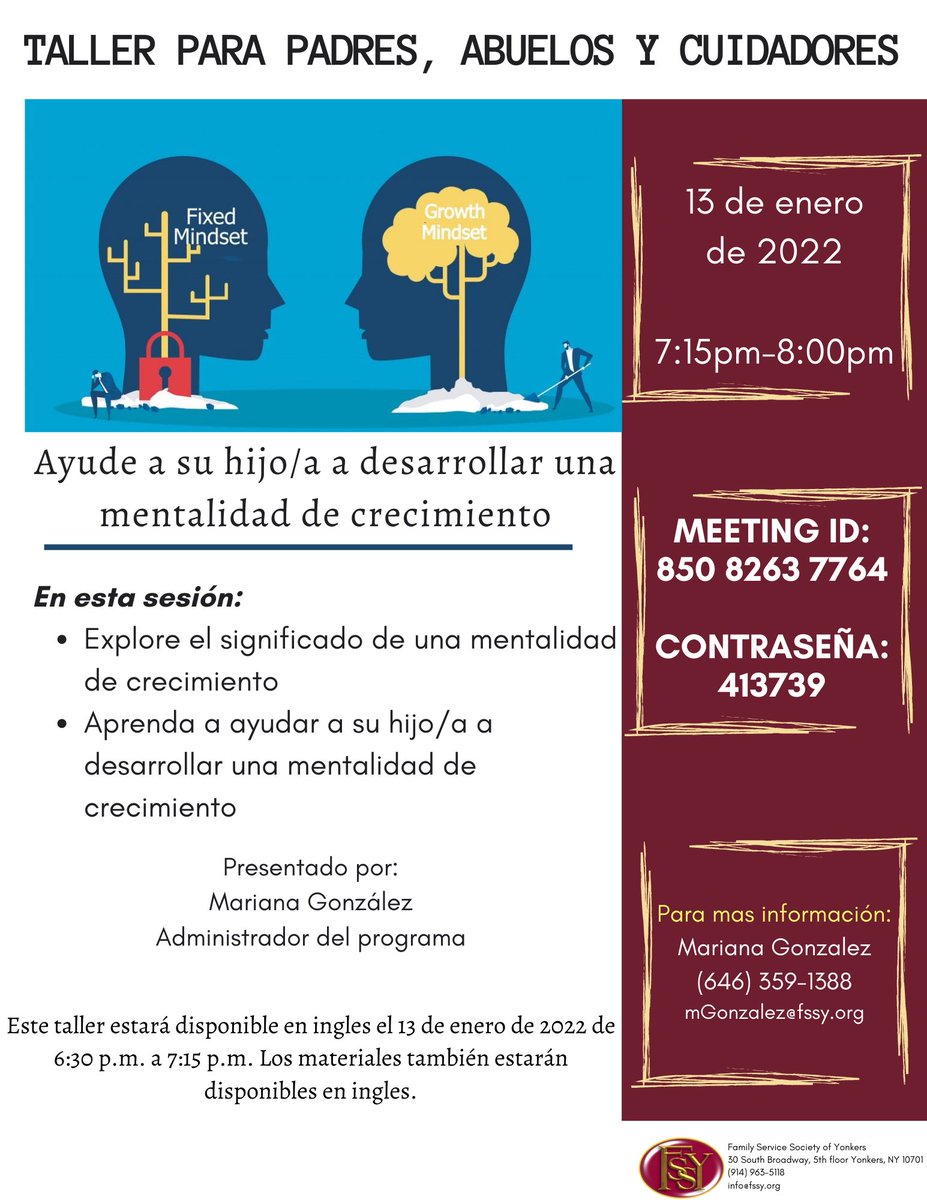 Parents, Grandparents and Caregivers:

Learn to motivate your child to develop a growth mindset at our Zoom workshop! All are welcome.

Date: January 13
In English: 6:30 - 7:15
In Spanish: 7:15 - 8:00

Zoom Meeting ID: 850 8263 7764
Passcode: 413739