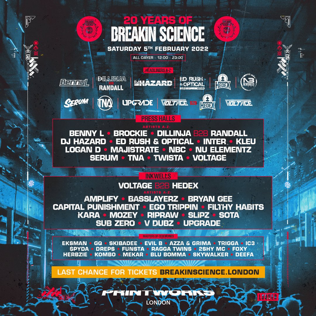 Just 1 month to go until we descend into the UK’s most prestigious venue for our first ever all day party at <a href="/Printworks_LDN/">Printworks London</a>!

Stage splits have now been announced across both rooms &amp; <a href="/djhazard_playaz/">DJ Hazard</a> revealed as special guest! breakinscience.london