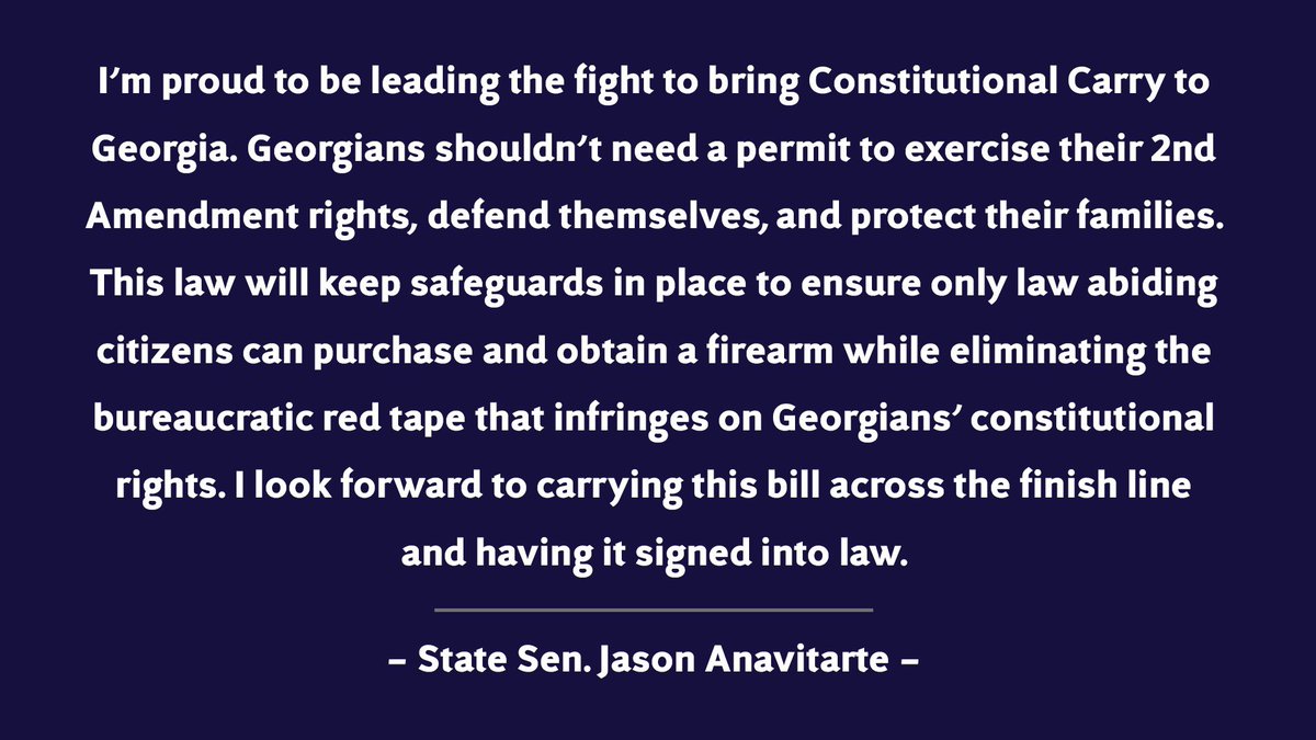 jasonanavitarte's tweet image. l'm proud to be carrying SB319 Constitutional Carry in Georgia and look forward to it passing into law this year! My full statement below ⬇️ #gapol #SB319 @GASenateGOP